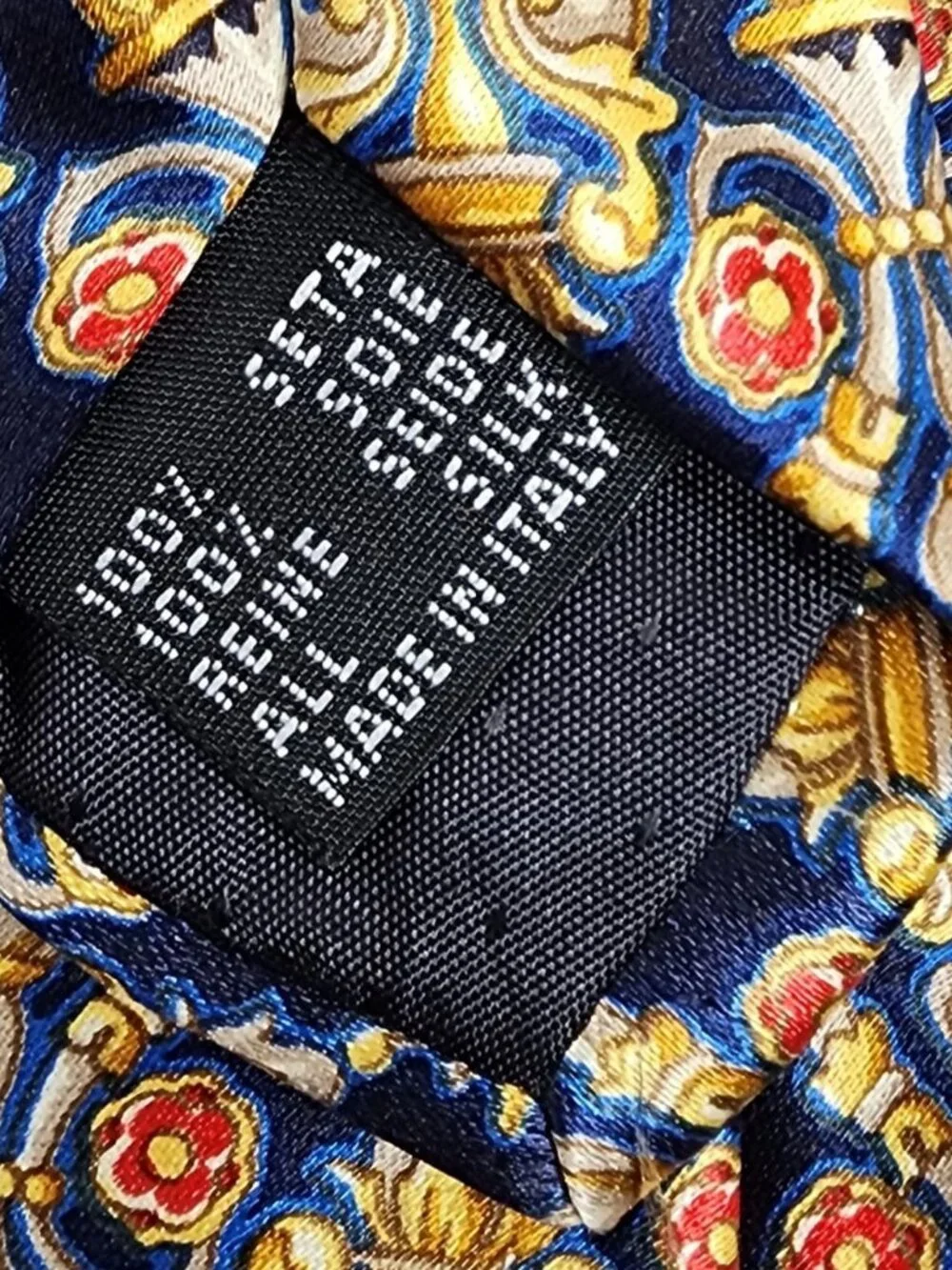 Paco Rabanne VTG Men’s Necktie Navy Blue Gold Floral Baroque Silk Print Italy